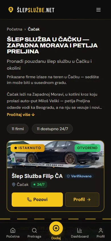 Ista strana na telefonu: istaknuta kartica odmah ispod naslova, pre spiska firmi