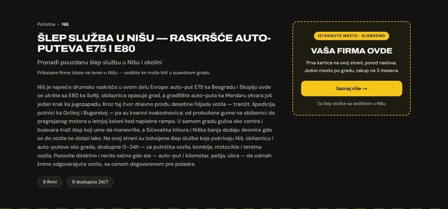 Naslovni blok strane Niš sa praznim okvirom Vaša firma ovde na mestu istaknute kartice