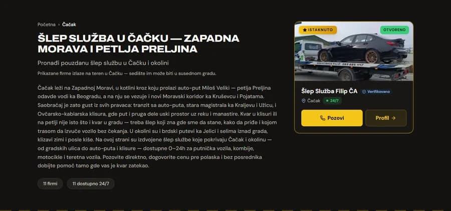 Naslovni blok strane Čačak sa istaknutom karticom firme koja drži mesto